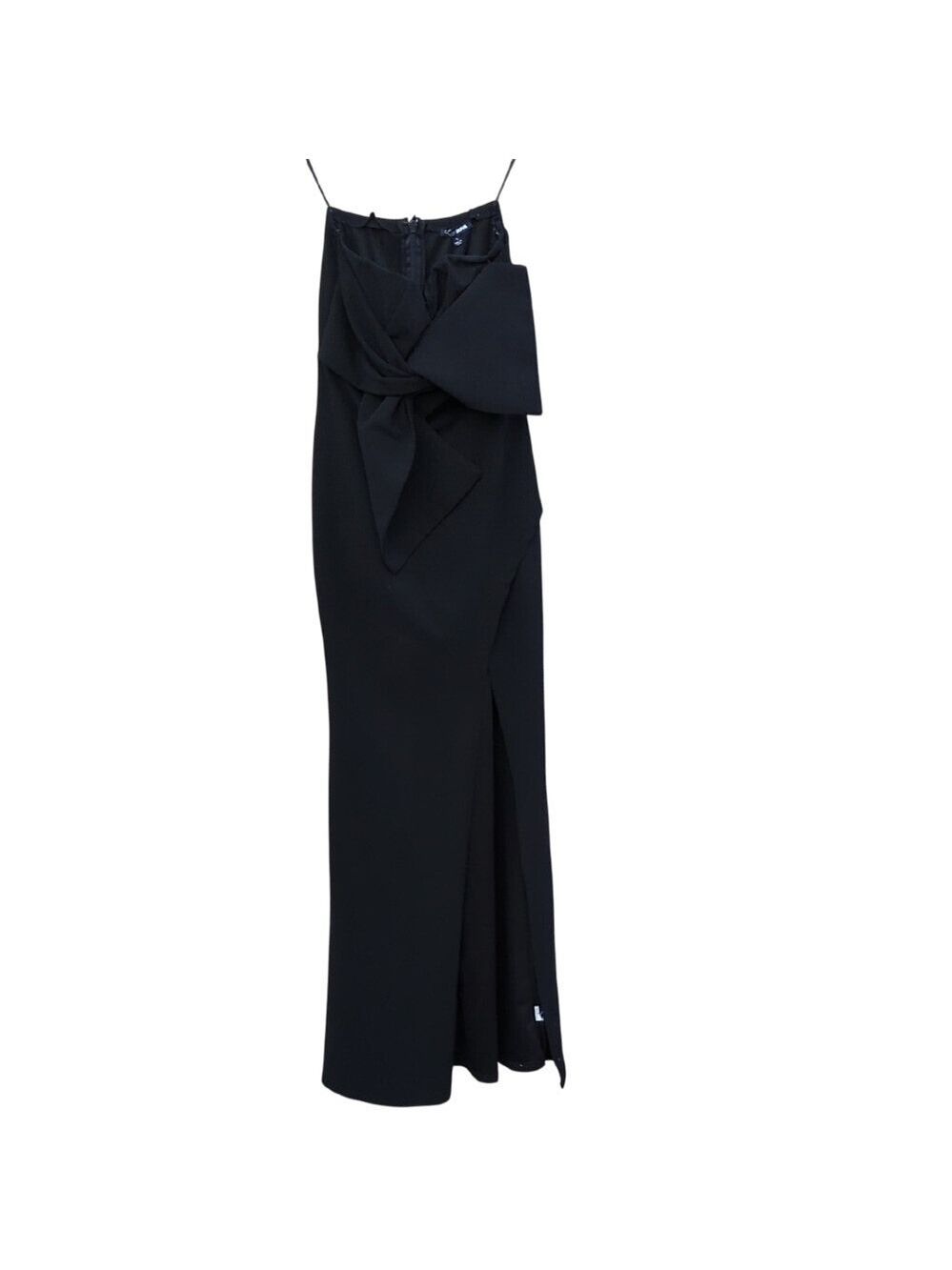 Fashion Nova Black Maxi Dress Spaghetti Strap Bow Slit Evening Party, small size